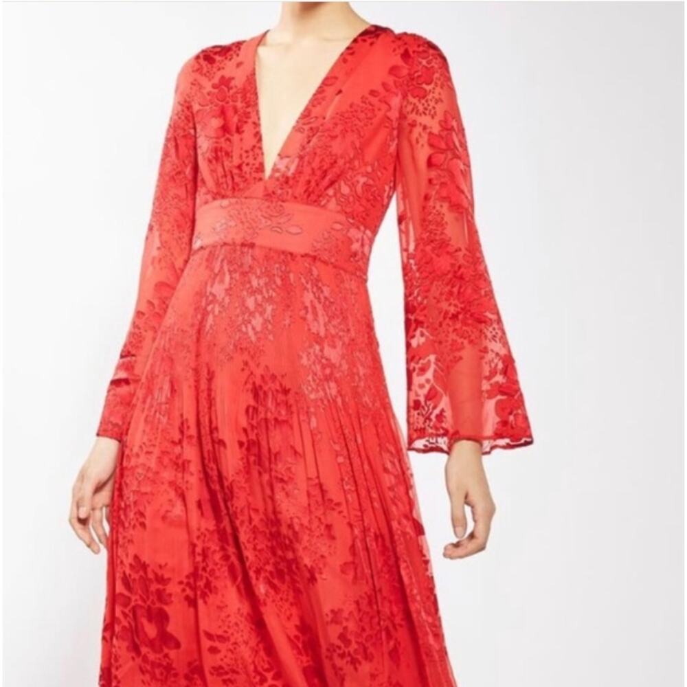 Sz4 Topshop Red Velvet Floral Burnout Midi Dress Sheer Flare Sleeve Goth Romance